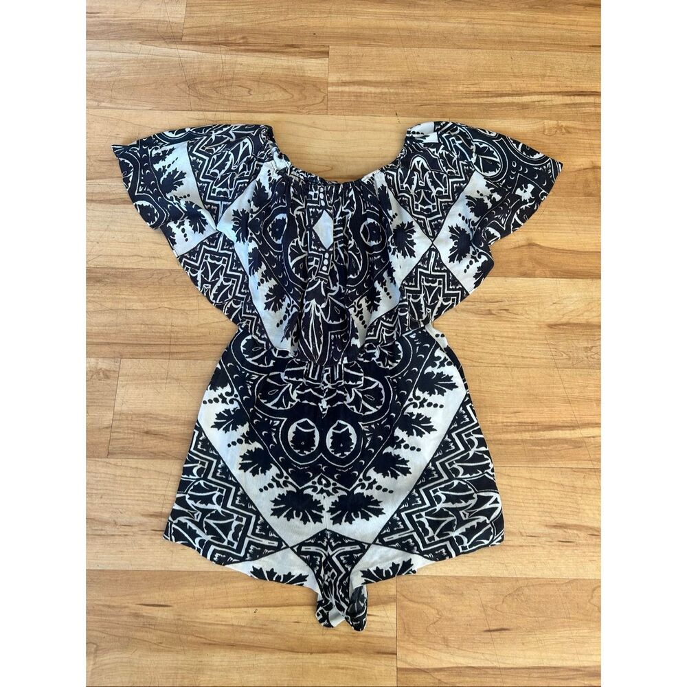 Alice + Olivia Romper Off Shoulder Black White Smocked